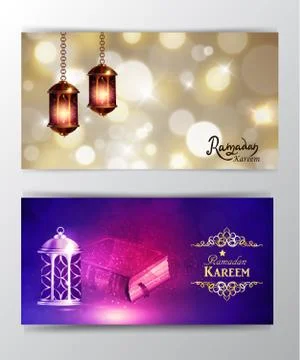Ramadan Kareem greeting on blurred background set of cards Stock Illustration