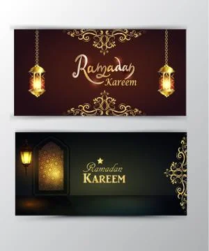 Ramadan Kareem greeting on blurred background set of cards Stock Illustration