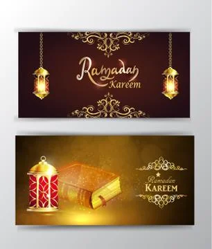 Ramadan Kareem greeting on blurred background set of cards Stock Illustration