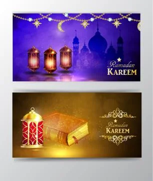Ramadan Kareem greeting on blurred background set of cards Stock Illustration