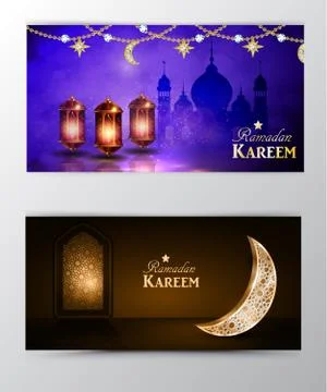 Ramadan Kareem greeting on blurred background set of cards Stock Illustration