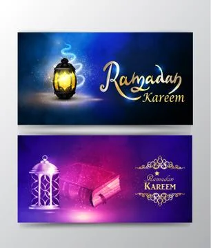 Ramadan Kareem greeting on blurred background set of cards Stock Illustration
