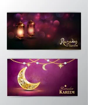 Ramadan Kareem greeting on blurred background set of cards Stock Illustration