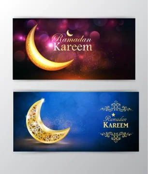 Ramadan Kareem greeting on blurred background set of cards Stock Illustration