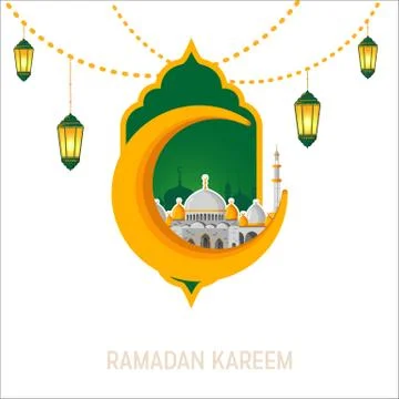 Ramadan Kareem greeting card layout with mosque, minarets, arabic shining lamps Stock Illustration