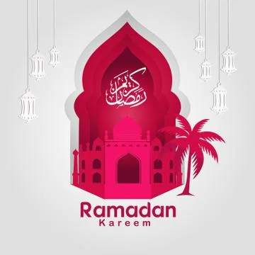 Ramadan Kareem Greeting card vector file in free hand write with a modern pap Stock Illustration