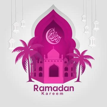 Ramadan Kareem Greeting card vector file in free hand write with a modern pap Stock Illustration