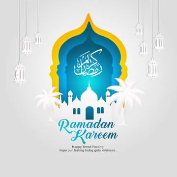 Ramadan Kareem Greeting card vector file in free hand write with a modern pap Stock Illustration