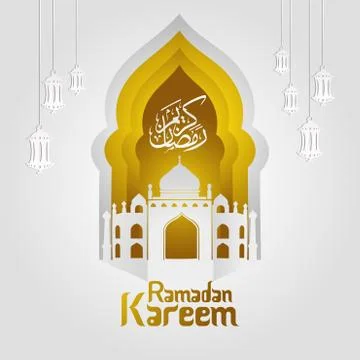 Ramadan Kareem Greeting card vector file in free hand write with a modern pap Stock Illustration