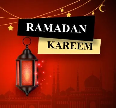 Ramadan kareem greeting vector banner design with hanging lantern Stock Illustration