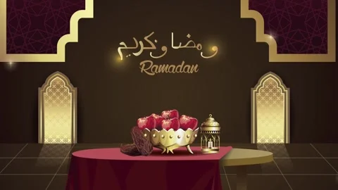 Ramadan kareem greeting video with dates and fruit on table and arabic call.. Stock Footage 333293049