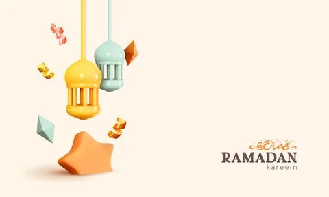 Ramadan Kareem holiday background. Realistic 3d design elements, hanging lant イラスト素材