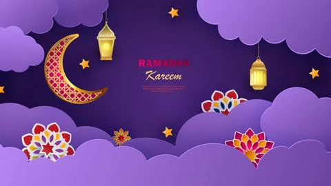 Ramadan Kareem horizontal banner with 3d arabesque stars and flowers. Vector Stock Illustration