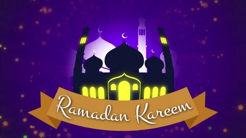 Ramadan Kareem Islamic Background with Glowing Mosque and Purple Night Sky Stock Footage 335067493