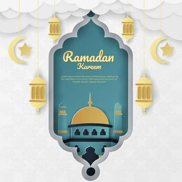 Ramadan kareem islamic background with white tosca gold paper cut style Stock Illustration