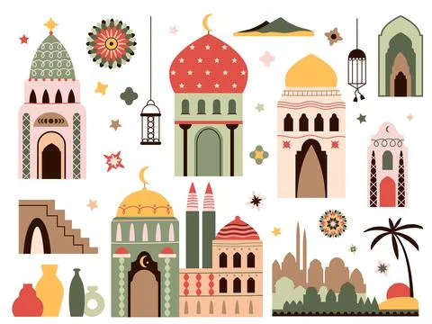 Ramadan kareem islamic elements. Isolated lamp, mosaic arabian windows and doors Stock Illustration