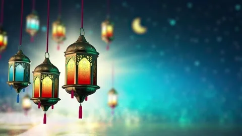 Ramadan Kareem Lanterns Forming from Particles. 3D Animation. Video 4K Stock Footage 297399002