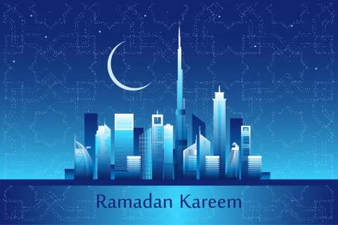 Ramadan kareem message on the Dubai city skyline Stock Illustration