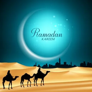 Ramadan Kareem Moon Background in the Night with Camels Riding 库存插图