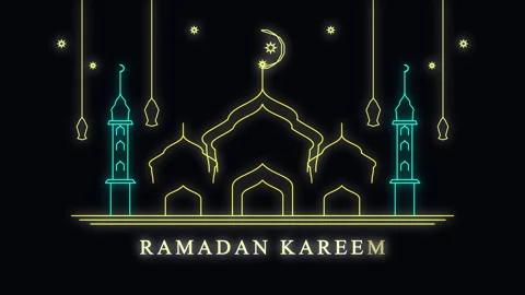 Ramadan Kareem mosque line animation with neon glow on black background Stock Footage 345629559