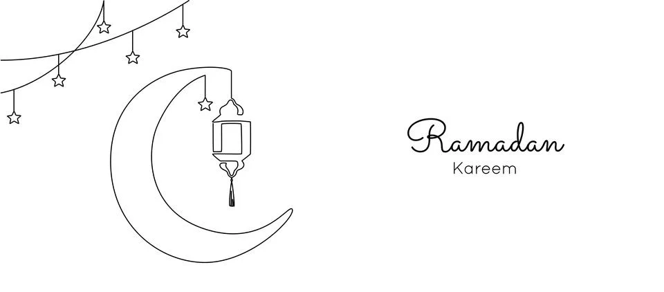Ramadan kareem in one continuous line drawing. Islamic decoration with lantern Stock Illustration