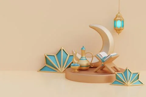 Ramadan Kareem or Eid Al Adha mubarak with gold crescent moon, lantern, cof.. Stock Illustration