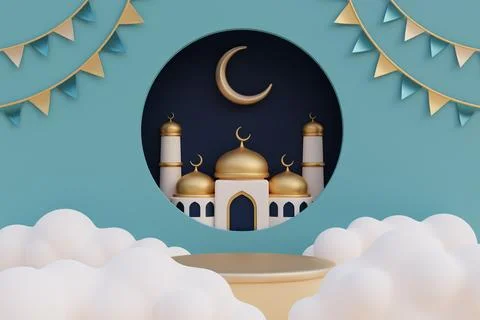 Ramadan Kareem or Eid Al Adha mubarak with mosque, gold crescent moon and c.. Stock Illustration