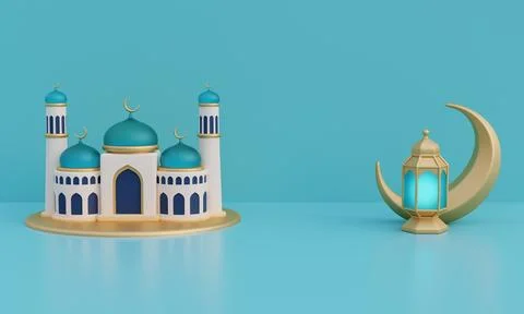 Ramadan Kareem or Eid Al Adha mubarak with mosque and gold crescent moon, l.. Ilustração Stock