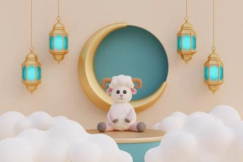 Ramadan Kareem or Eid Al Adha mubarak with cute cartoon sheep, gold lantern.. Stock Illustration