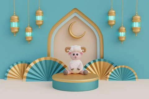 Ramadan Kareem or Eid Al Adha mubarak with cute cartoon sheep, gold lantern.. Stock Illustration