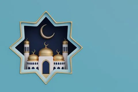 Ramadan Kareem or Eid Al Adha mubarak with mosque and gold crescent moon. M.. Stock Illustration