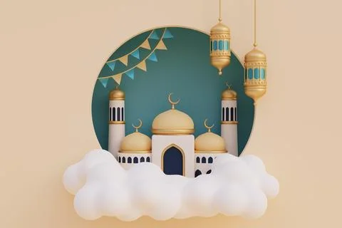 Ramadan Kareem or Eid Al Adha mubarak with mosque, gold crescent moon and c.. Stock Illustration