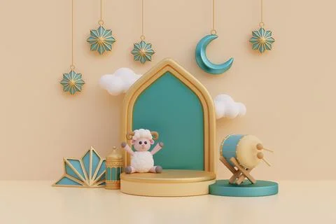 Ramadan Kareem or Eid Al Adha mubarak with cute cartoon sheep, mosque, gold.. Stock Illustration