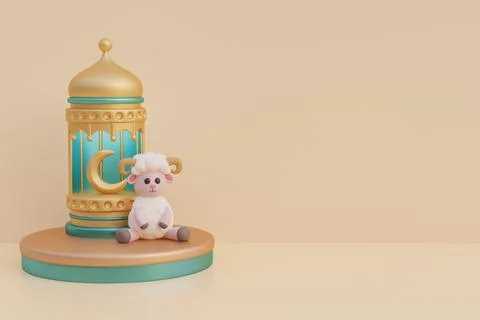 Ramadan Kareem or Eid Al Adha mubarak with cute cartoon sheep, gold lantern.. Stock Illustration