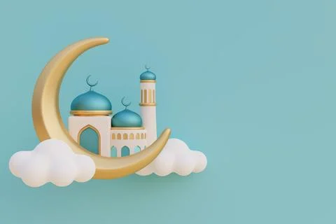 Ramadan Kareem or Eid Al Adha mubarak with mosque and gold crescent moon, l.. Stock Illustration