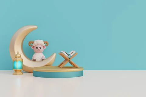 Ramadan Kareem or Eid Al Adha mubarak with cute cartoon sheep, gold lantern.. Stock Illustration