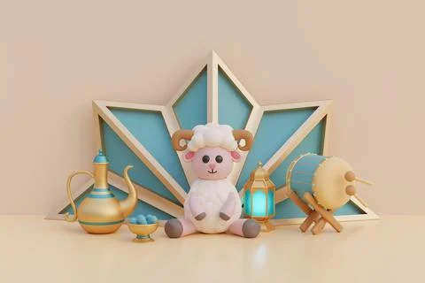 Ramadan Kareem or Eid Al Adha mubarak with cute cartoon sheep, gold lantern.. Stock Illustration