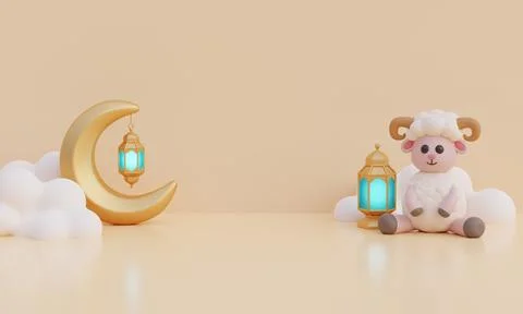 Ramadan Kareem or Eid Al Adha mubarak with cute cartoon sheep, gold lantern.. Stock Illustration