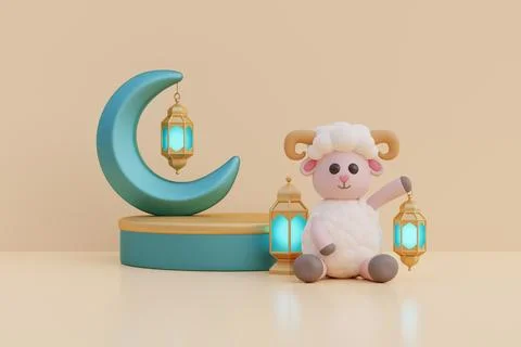 Ramadan Kareem or Eid Al Adha mubarak with cute cartoon sheep, gold lantern.. Stock Illustration