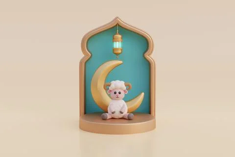 Ramadan Kareem or Eid Al Adha mubarak with cute cartoon sheep, gold lantern.. Stock Illustration
