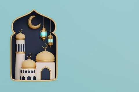 Ramadan Kareem or Eid Al Adha mubarak with mosque, gold crescent moon and l.. Stock Illustration