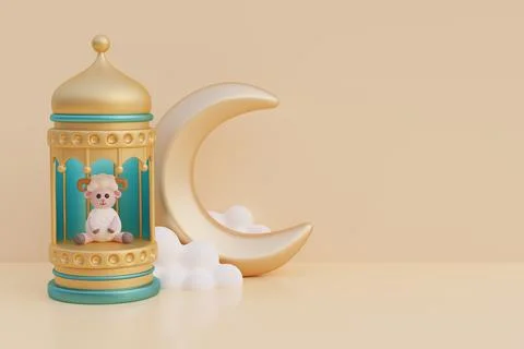 Ramadan Kareem or Eid Al Adha mubarak with cute cartoon sheep, gold lantern.. Stock Illustration