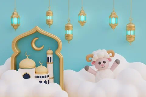 Ramadan Kareem or Eid Al Adha mubarak with cute cartoon sheep, mosque, gold.. Stock Illustration