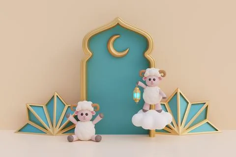 Ramadan Kareem or Eid Al Adha mubarak with cute cartoon sheep, gold lantern.. Stock Illustration