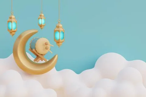 Ramadan Kareem or Eid Al Adha mubarak with gold crescent moon, bedug drum, .. Stock Illustration
