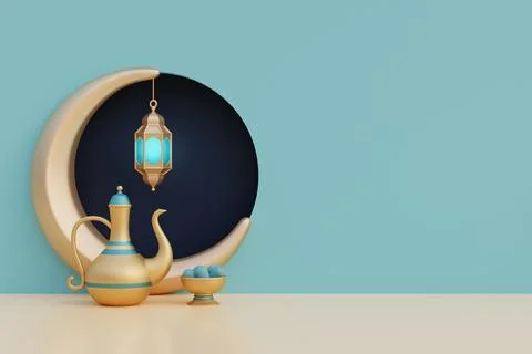 Ramadan Kareem or Eid Al Adha mubarak with gold crescent moon, lantern, cof.. Stock Illustration