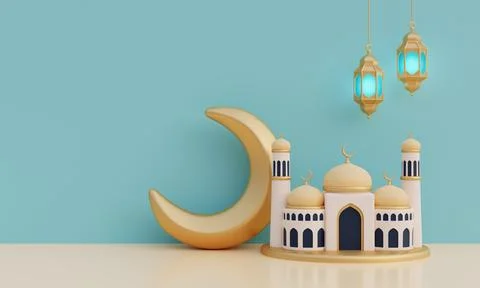 Ramadan Kareem or Eid Al Adha mubarak with mosque and gold crescent moon, l.. Stock Illustration
