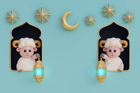 Ramadan Kareem or Eid Al Adha mubarak with cute cartoon sheep, gold lantern.. Stock Illustration