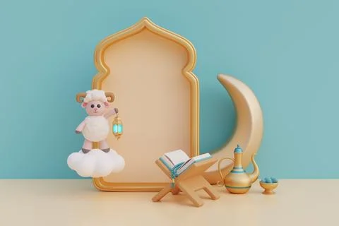 Ramadan Kareem or Eid Al Adha mubarak with cute cartoon sheep, gold lantern.. Stock Illustration