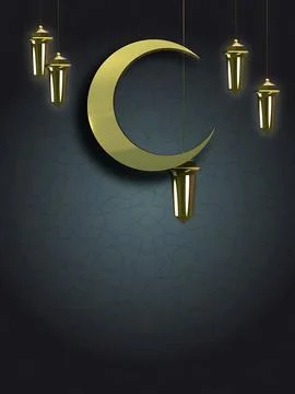 Ramadan Kareem poster background featuring golden crescent moon and hanging.. Stock Illustration